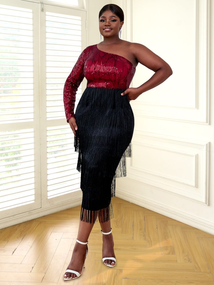 One Shoulder Sequins Patchwork Fringe Party Dresses