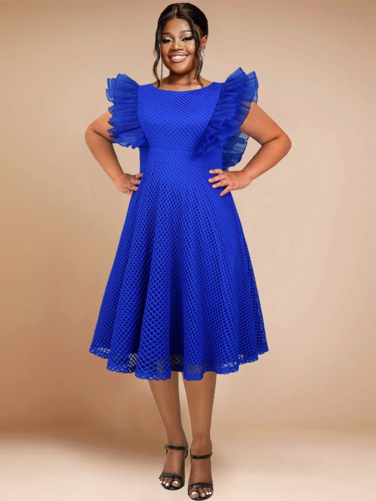 O Neck Tulle Patchwork Flying Sleeves High Waist A Line Dresses