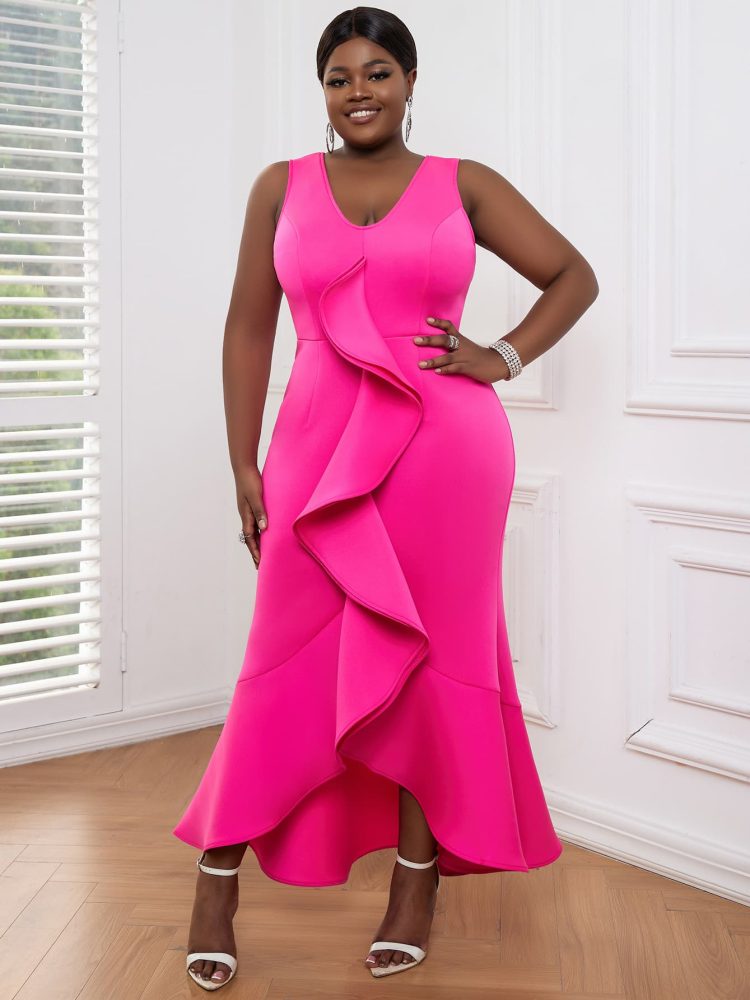V Neck Sleeveless Ruffles Package Hip Fishtail Dresses
