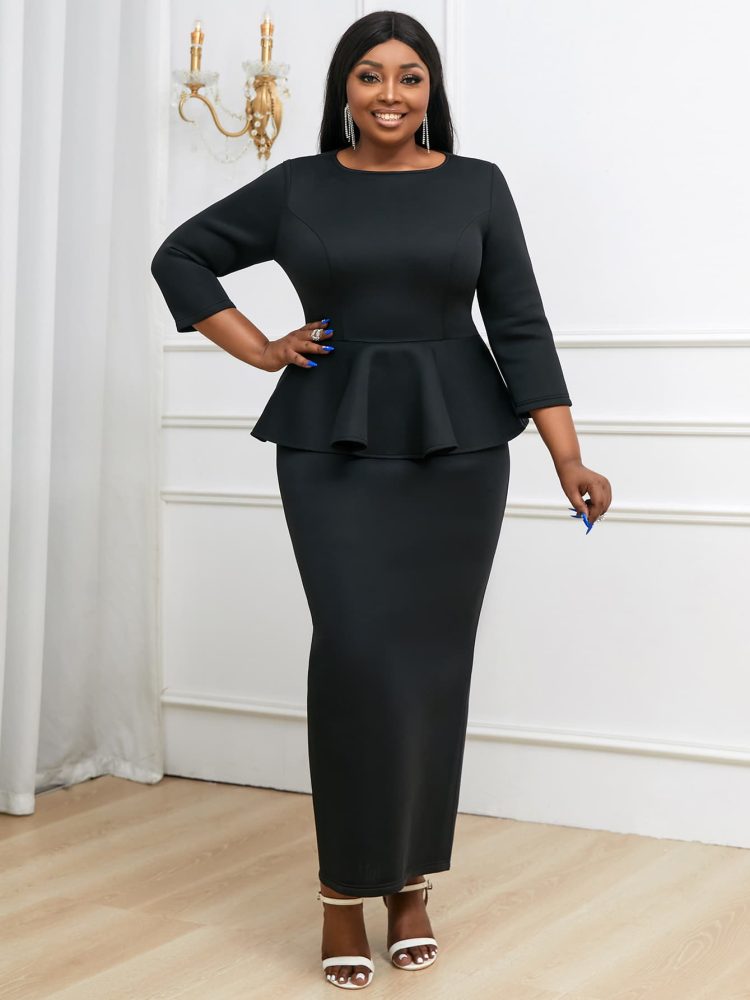 O Neck Three Quarter Sleeves Peplum Maxi Elegant Dresses