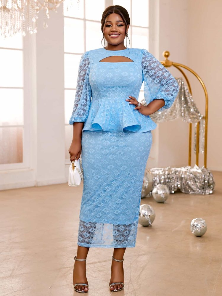 Lace Floral Sheer Lantern Sleeves Peplum Bodycon Dresses