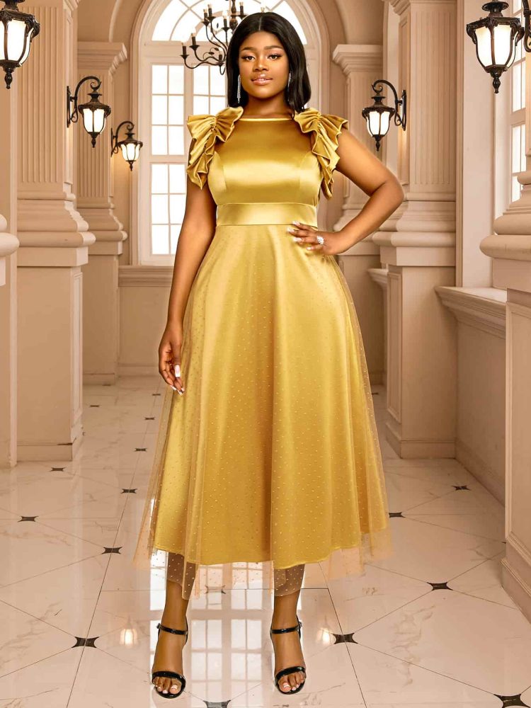 Ruffles Sleeves Polka Dot Tulle Patchwork Satin A Line Dresses